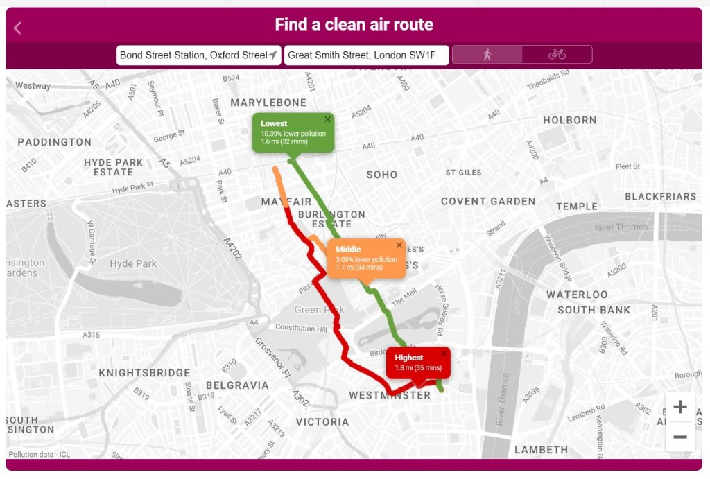 Cleaner air walking route - Bond Street Station to Church House Westminster 