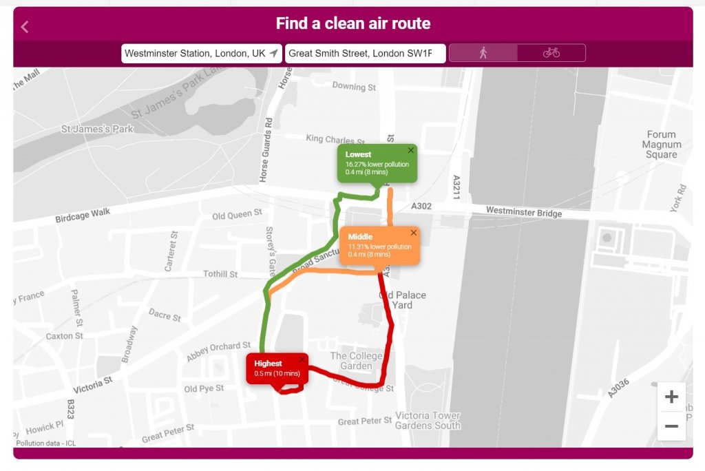 Cleaner air walking route - Westminster Station to Church House Westminster 